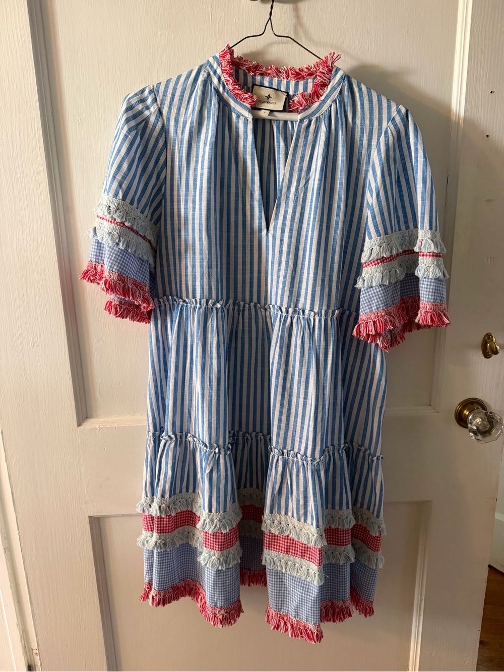 Tuckernuck Blue and White Striped Mini Dress with Pink Fringe